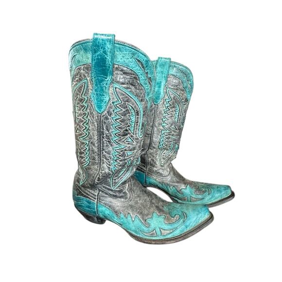 Corral Womens Snip Toe Boots R2266 Gray Turquoise With Glitter Inlay Size 9.5 M - Picture 2 of 11